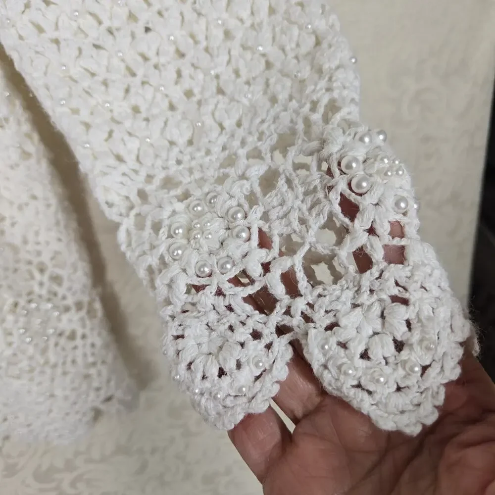 VTG Venezia Crochet Cardigan Sweater 14/16 Ivory Pearls Grandmacore Cottagecore